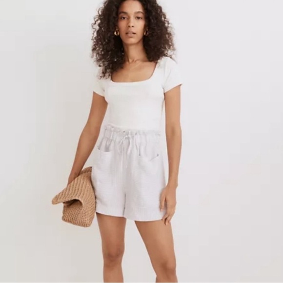 Madewell Stripe Play Drawstring Pull On Paperbag Shorts Distant Lavender XS - Picture 1 of 5